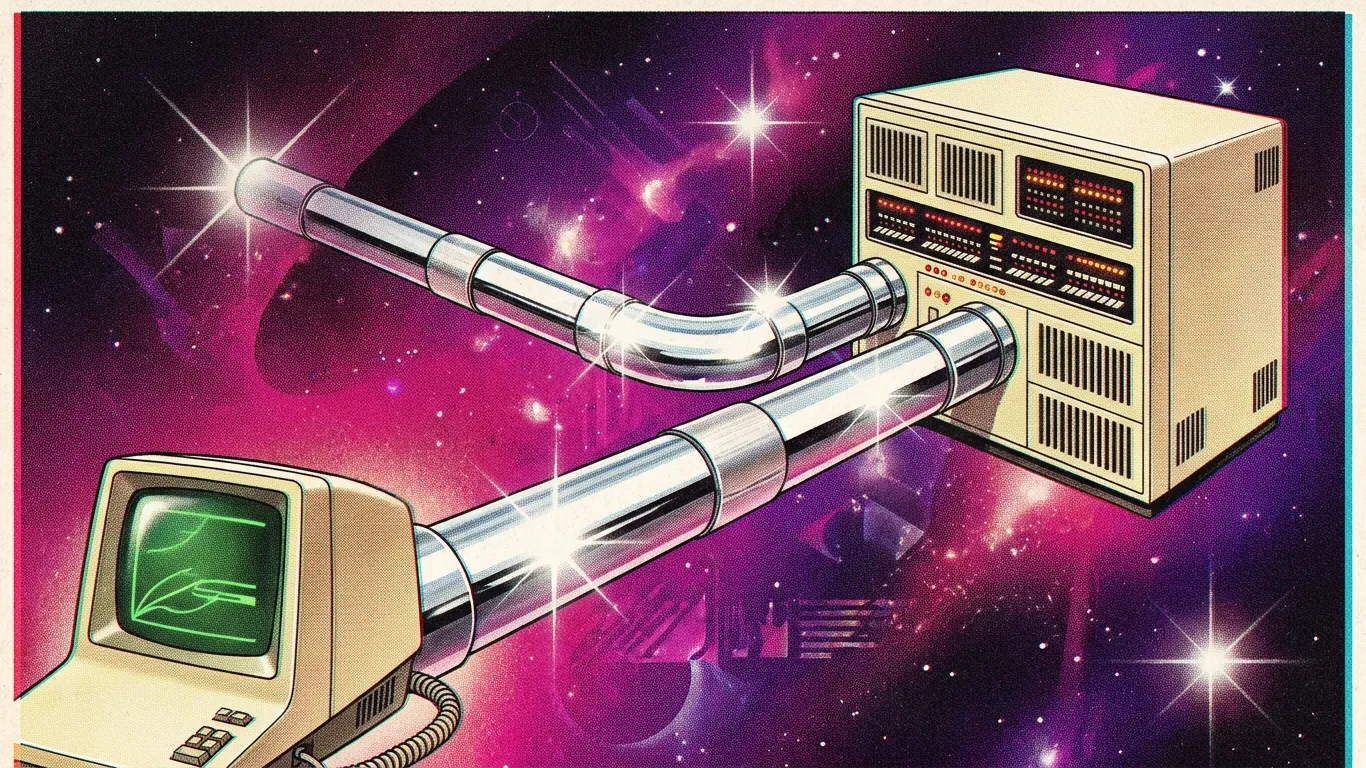 1980s computer magazine airbrush illustration of dual chrome data conduits connecting vintage terminals representing OpenVPN dual-channel architecture