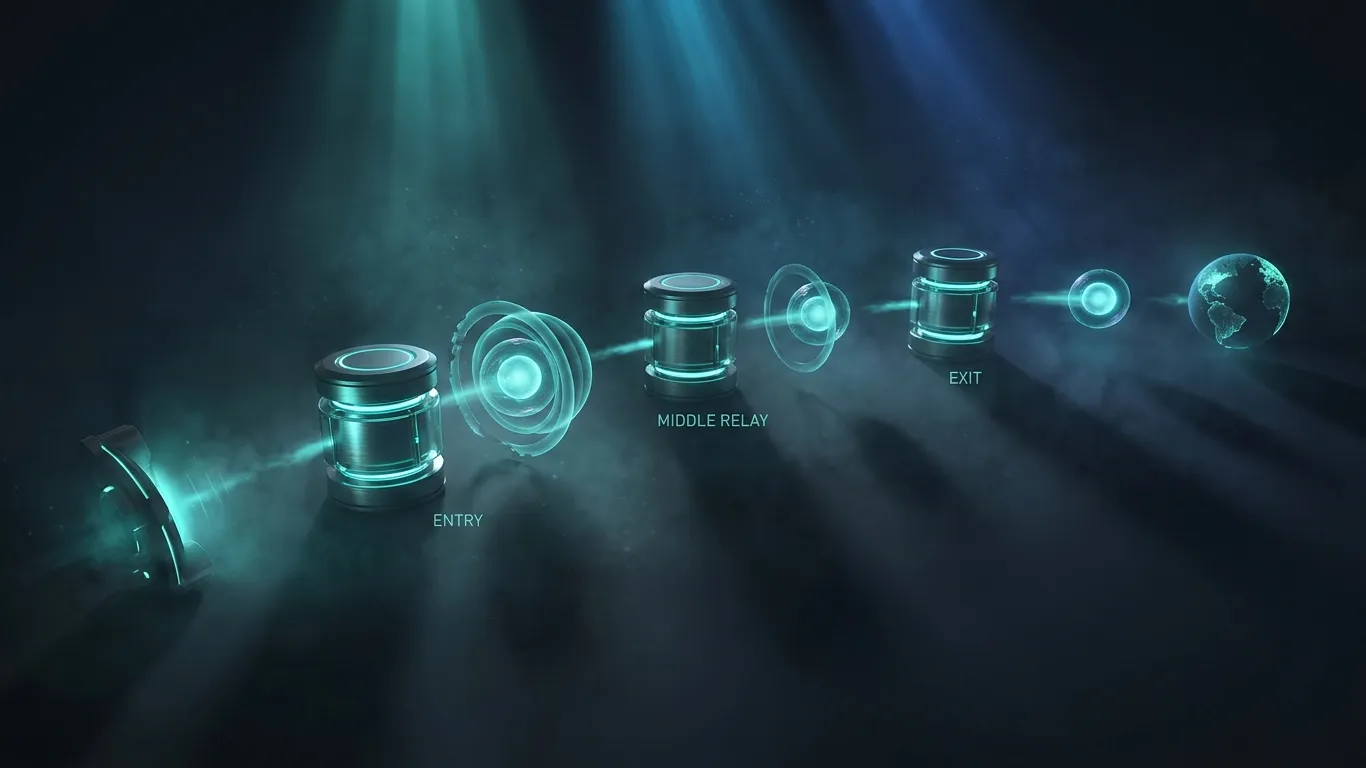 Each Tor relay peels one encryption layer — no single node ever knows both where traffic came from and where it's going.