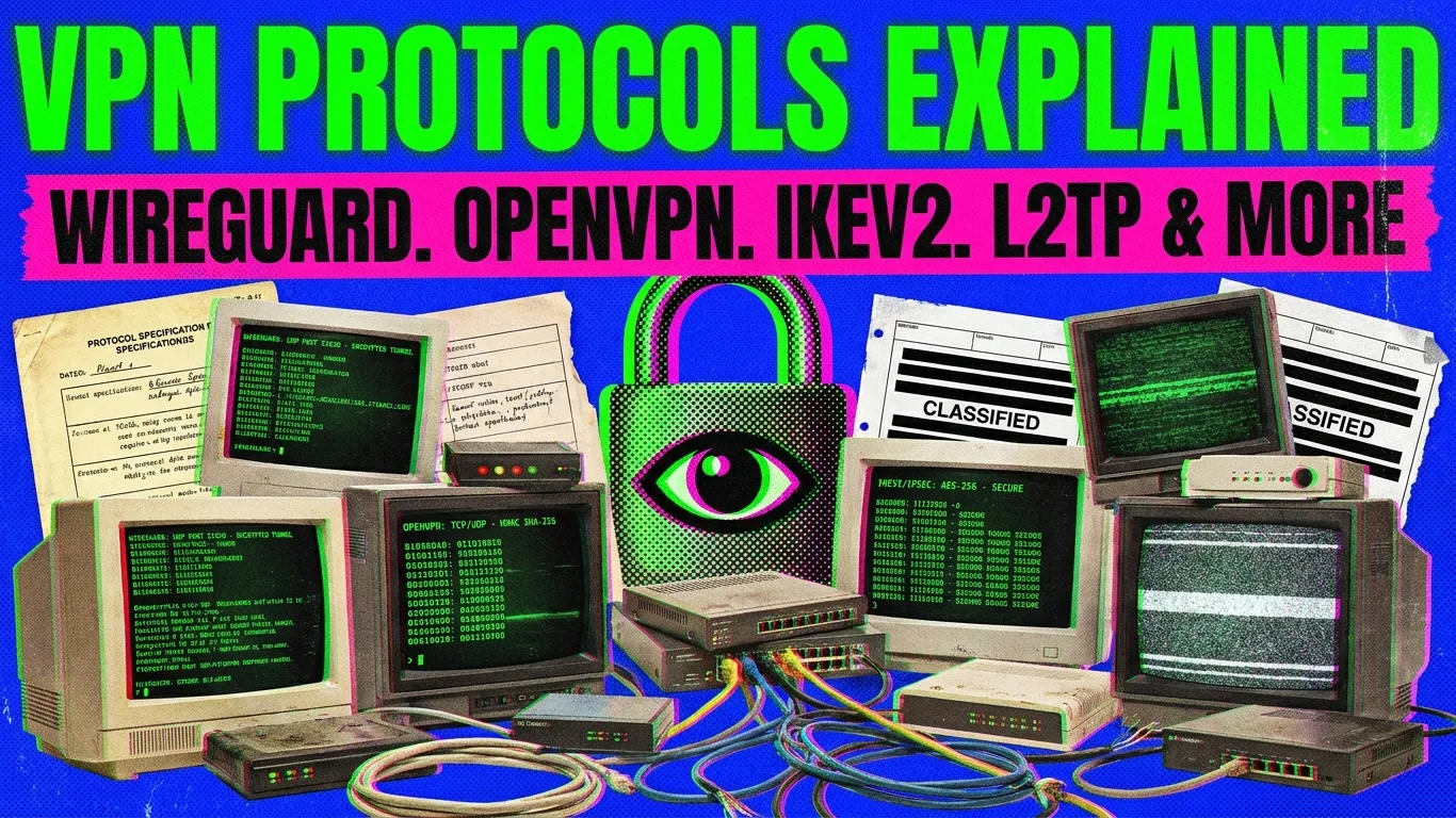 VPN protocols guide featuring WireGuard OpenVPN IKEv2 and L2TP with vintage network hardware and bold neon headline text